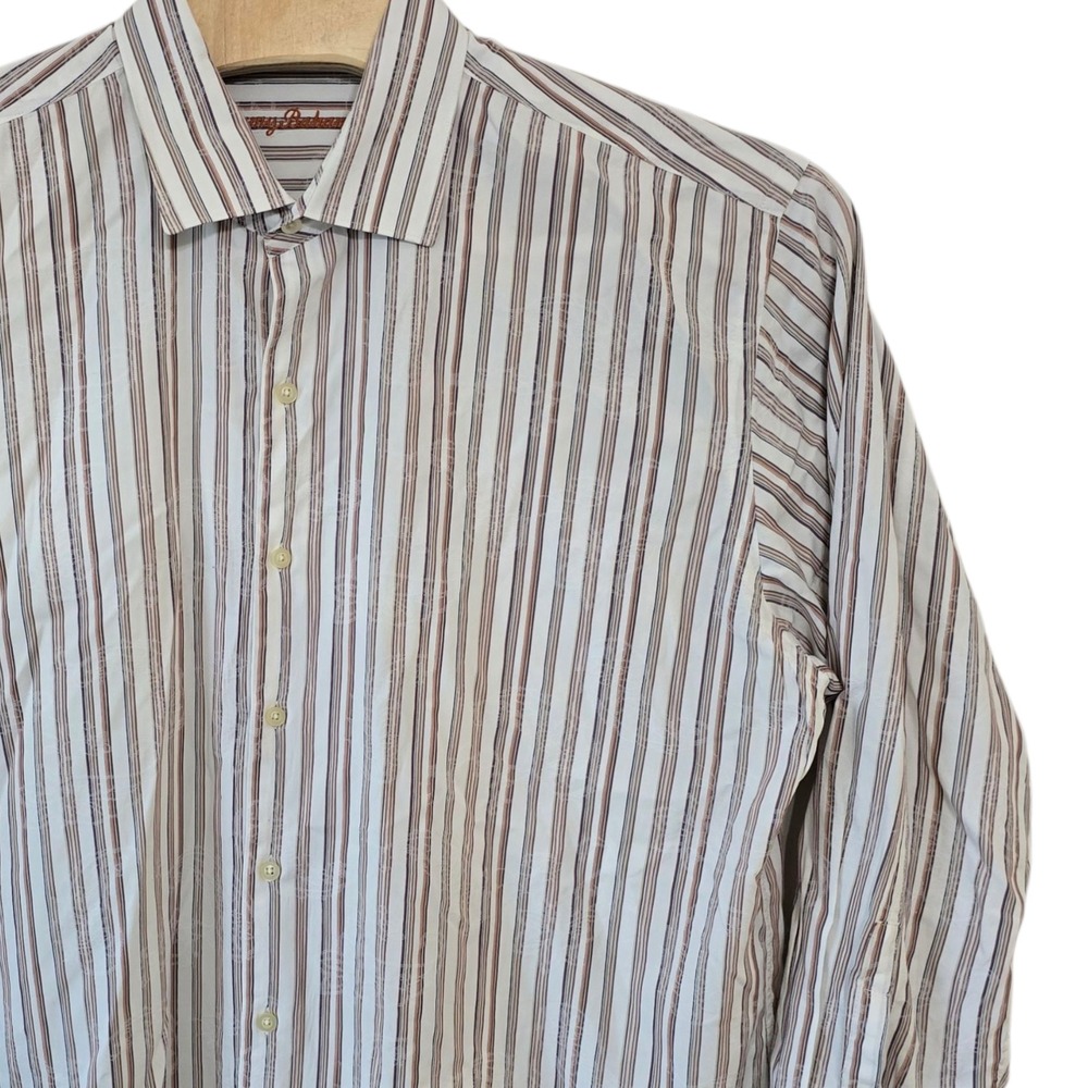 Tommy Bahama XXL Brown Striped Long Sleeve Silk Cotton Button Up Shirt